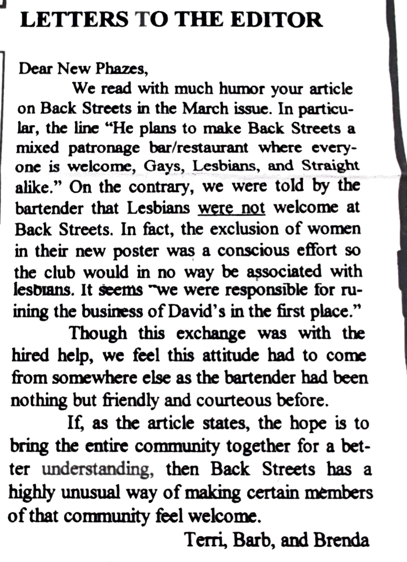 Backstreets Restaurant - New Phazes Letter to the Editor - June 1998.png