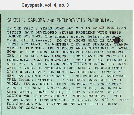Kaposi's Sarcoma and Pneumocystitis Pneumonia - September 1982 Issue of Gayspeak.png