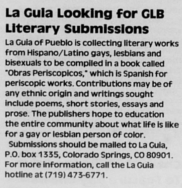 La Guia Call for Submissions - Out Front 3-2-1994 - Colorado Historic Newspapers.png
